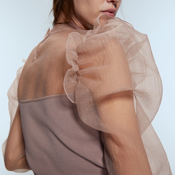 ZARA DUSTY PINK KNIT BANDAGE CHIFFON RUFFLE ORGANZA LONG SLEEVE TOP BLOUSE $69.9 - Picture 6 of 9